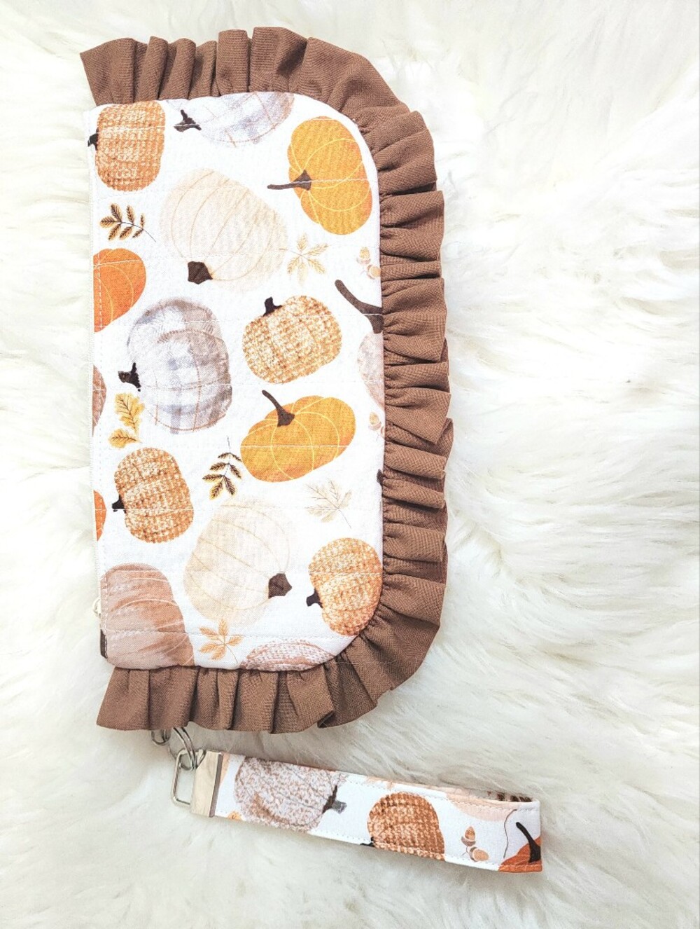 Fall Pumpkins Ruffled Wristlet With Keychain Lined Phone Sized Quilted Handmade